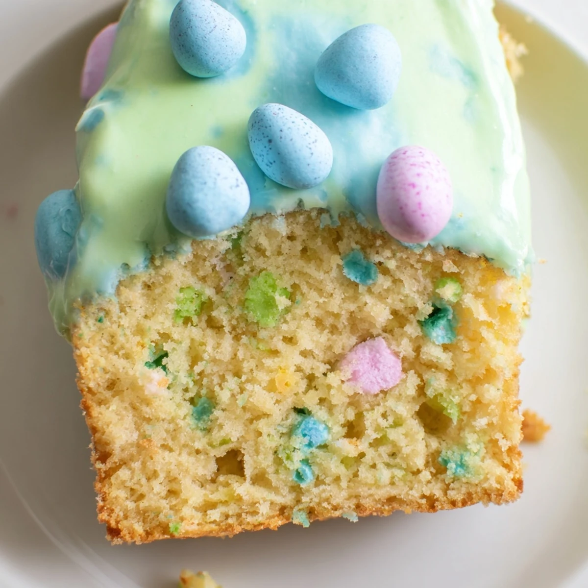 Robin Egg Snack Cake with pastel glaze and candy eggs on tender vanilla crumb