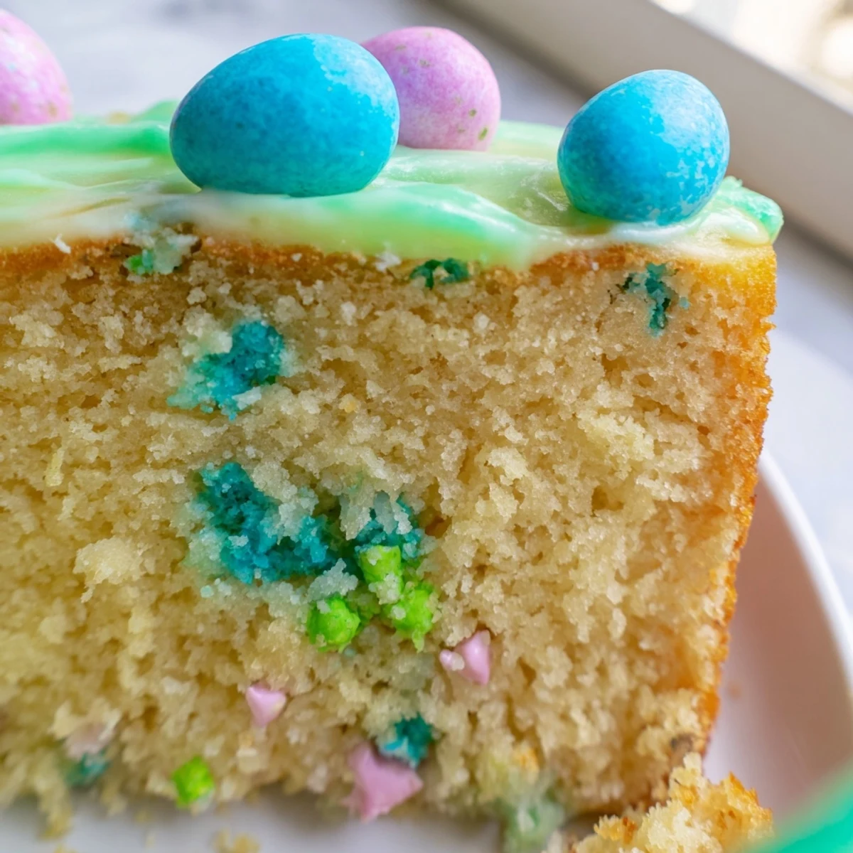 Slice of Robin Egg Snack Cake topped with colorful malted candy eggs