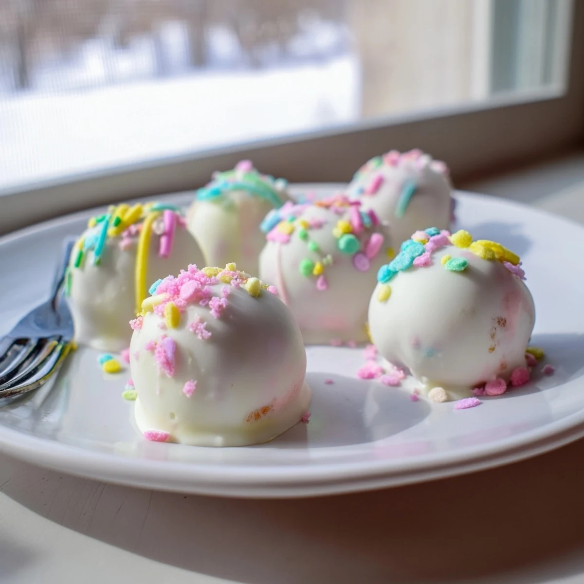 Creamy Banana Pudding Easter Truffles coated in white chocolate with colorful sprinkles