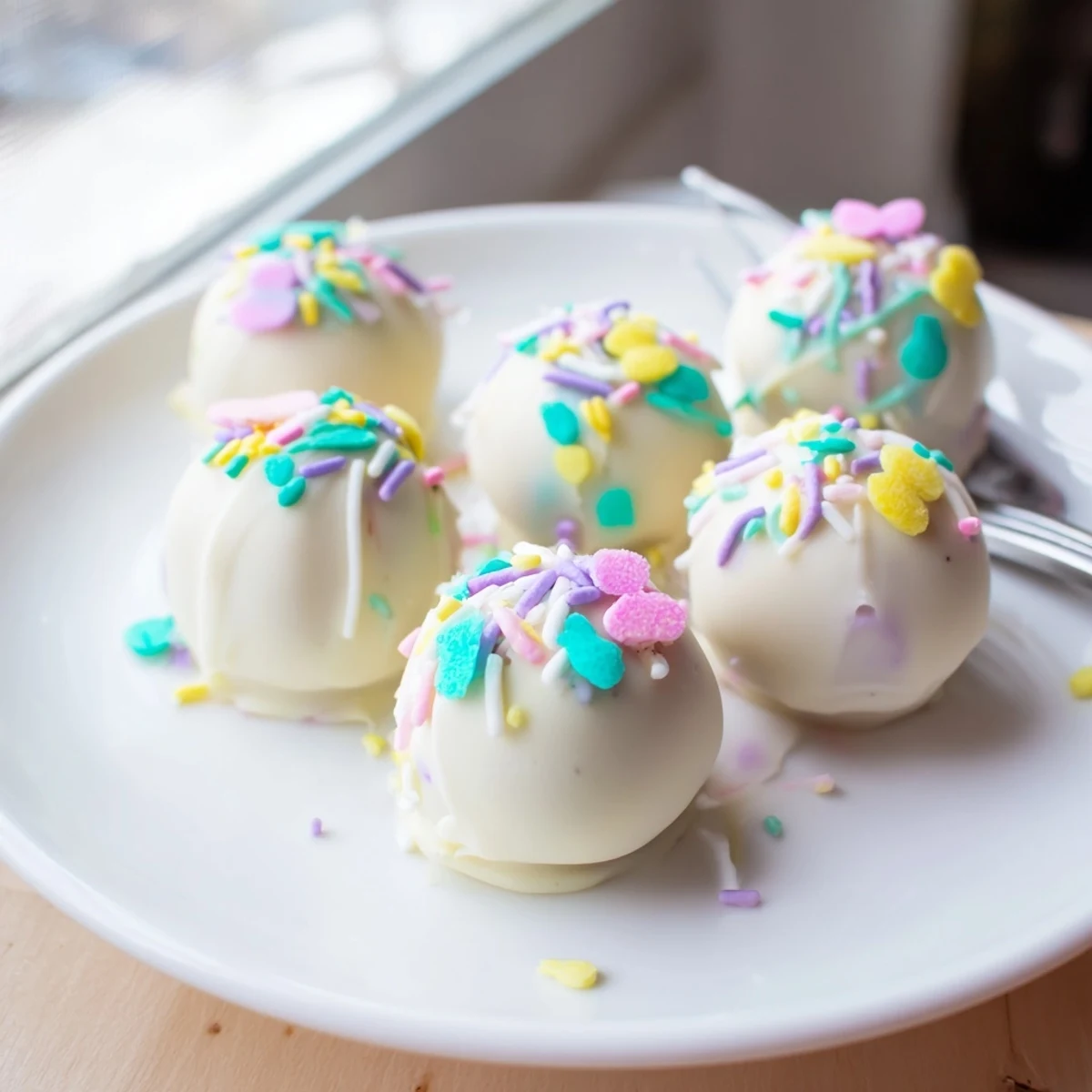 Festive Banana Pudding Easter Truffles showing golden vanilla wafer crumbs inside each bite