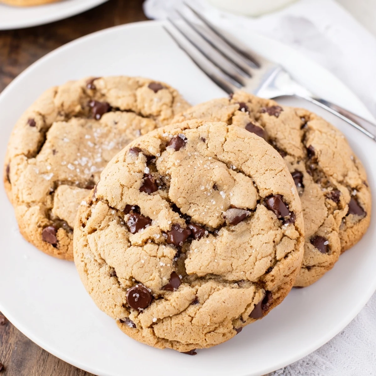 Golden brown nut free chocolate chip cookies with melty chips stacked on a cooling rack