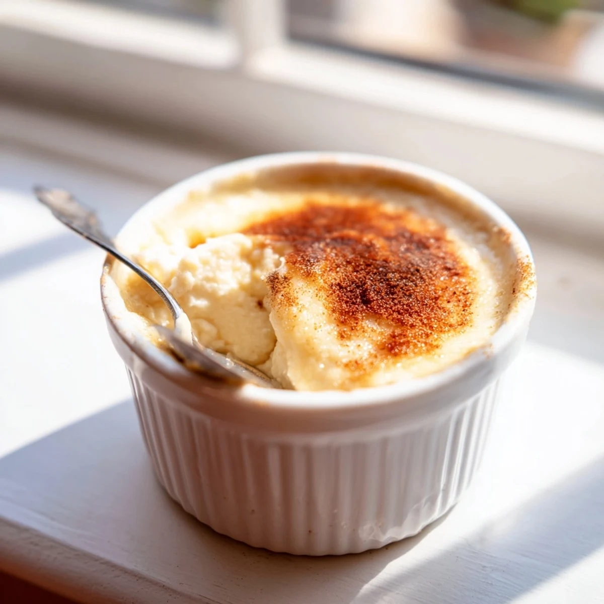 Creamy Portuguese rice custard in white ramekins topped with golden cinnamon sugar dusting
