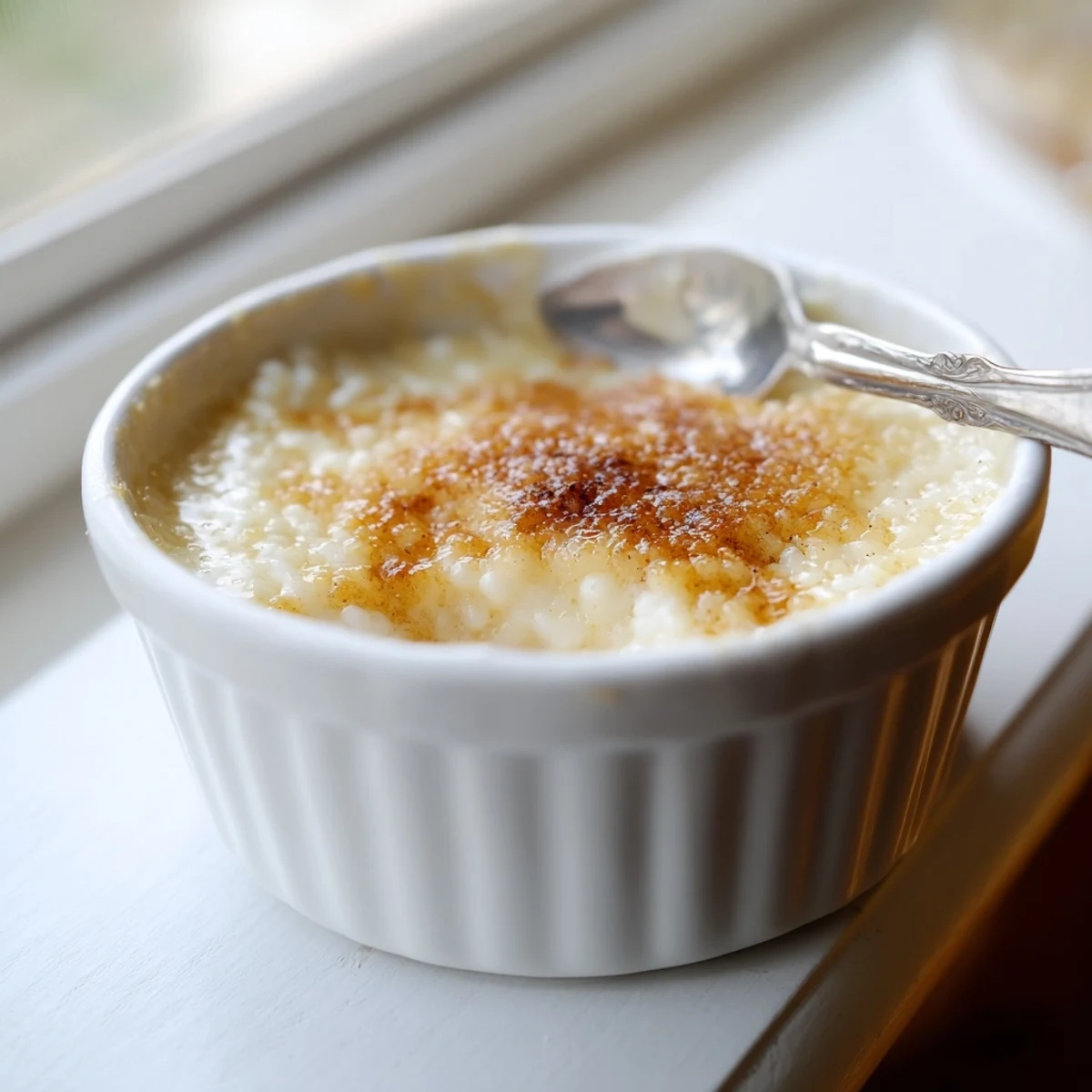 Silky Portuguese rice custard with a caramelized cinnamon crust served in individual dishes