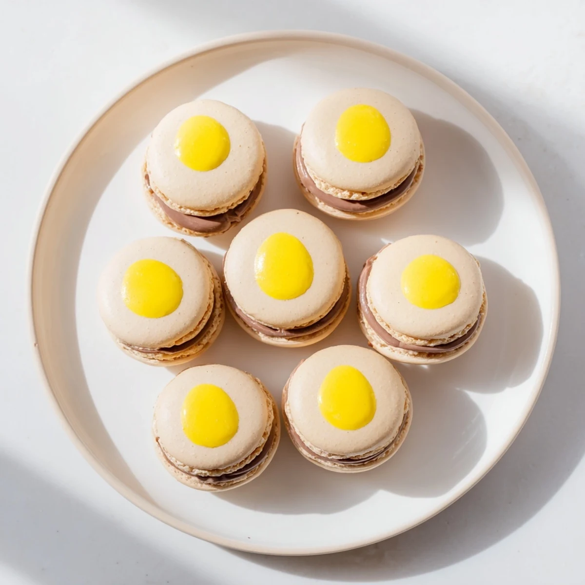 Cadbury Egg macarons with smooth chocolate filling and yellow center on white plate