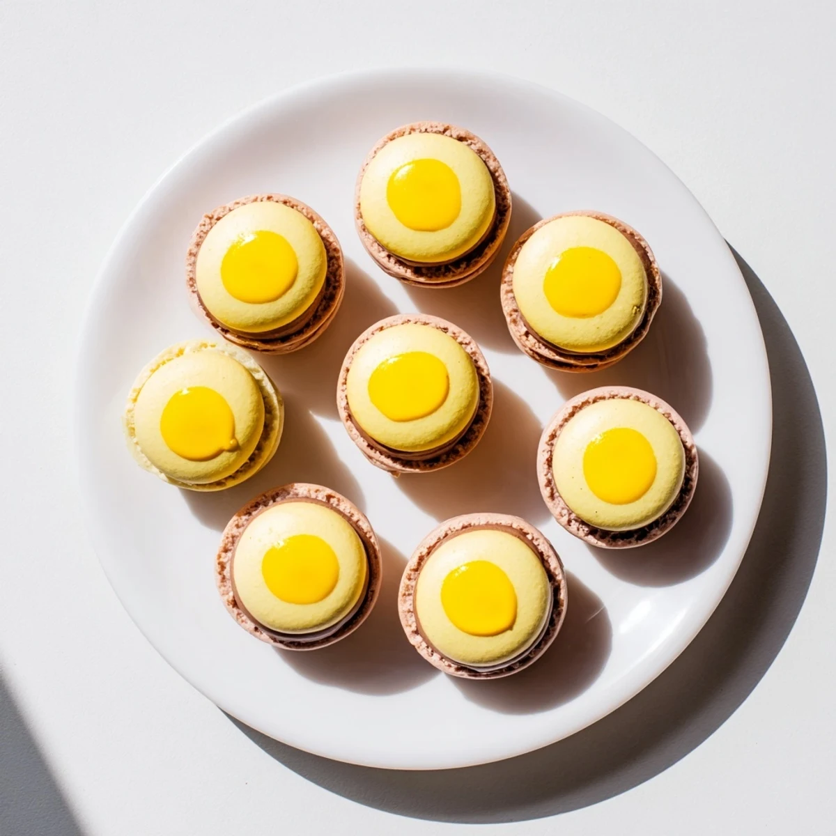 Delicate French Cadbury Egg macarons sandwiched with creamy milk chocolate ganache filling