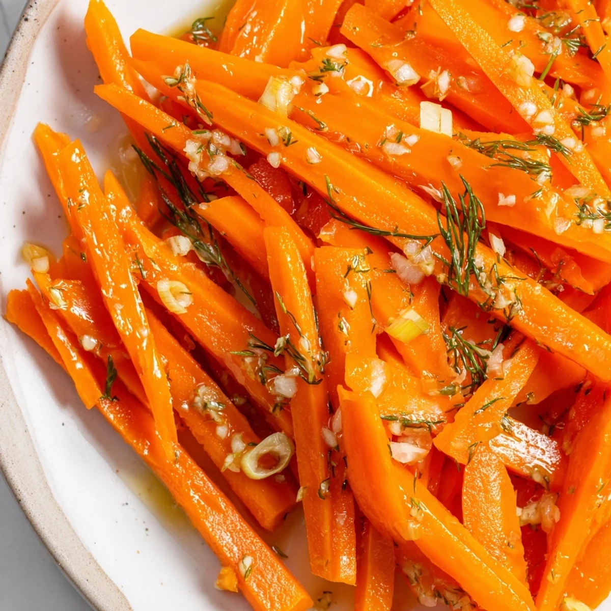 Crisp marinated lemon dill carrot salad glistening with bright citrus dressing in a white serving bowl