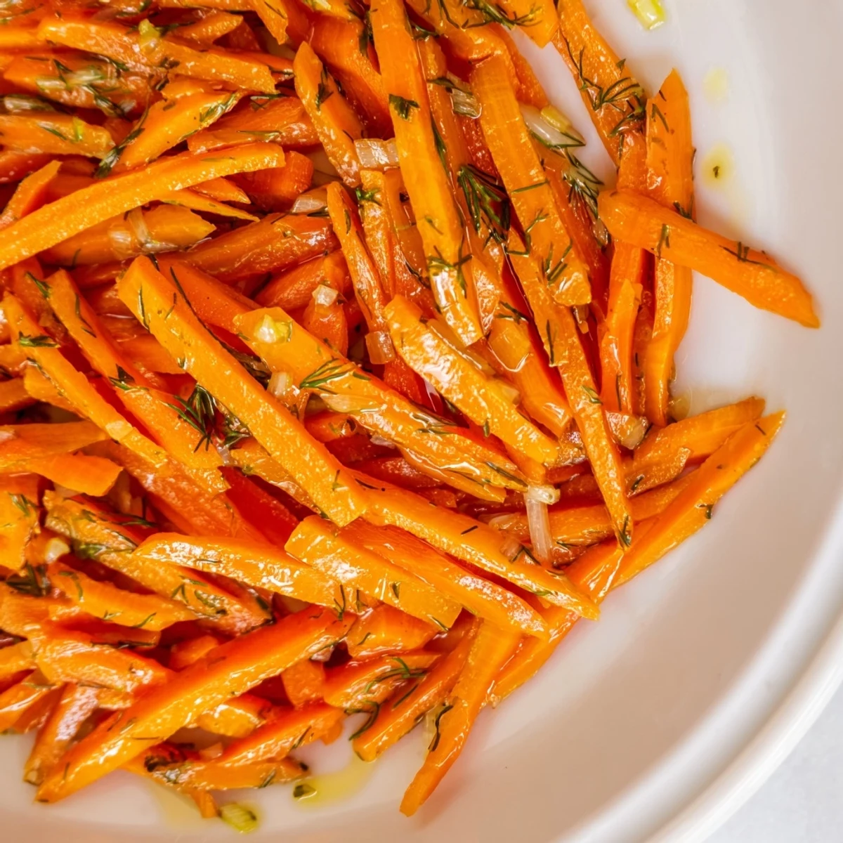 Vibrant orange carrot ribbons tossed in zesty lemon dill marinade on a rustic wooden table