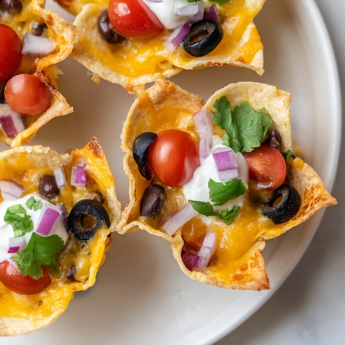 Golden cheesy nacho cups bubbling with melted cheddar and colorful fresh toppings in muffin tin
