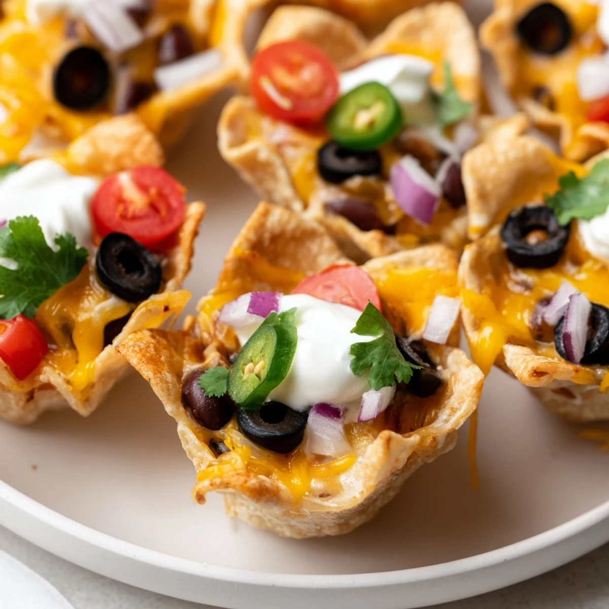 Crispy tortilla cups overflowing with gooey cheese beans and zesty garnishes ready for serving