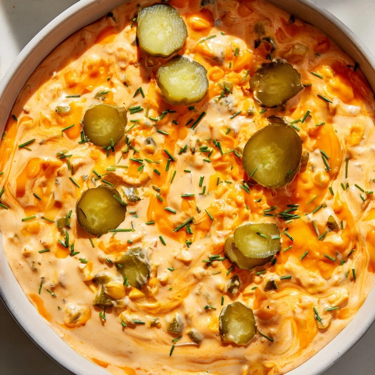 Creamy buffalo pickle dip served in a bowl with crispy chips for game day snacking