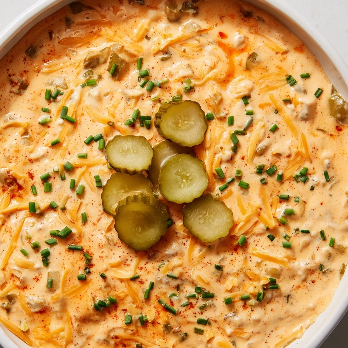 Tangy buffalo pickle dip topped with fresh chives and pickle slices on a rustic platter