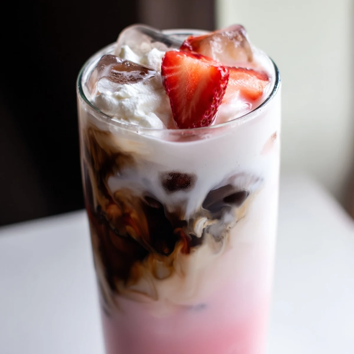 Creamy strawberry latte with layered pink milk and cold coffee over ice