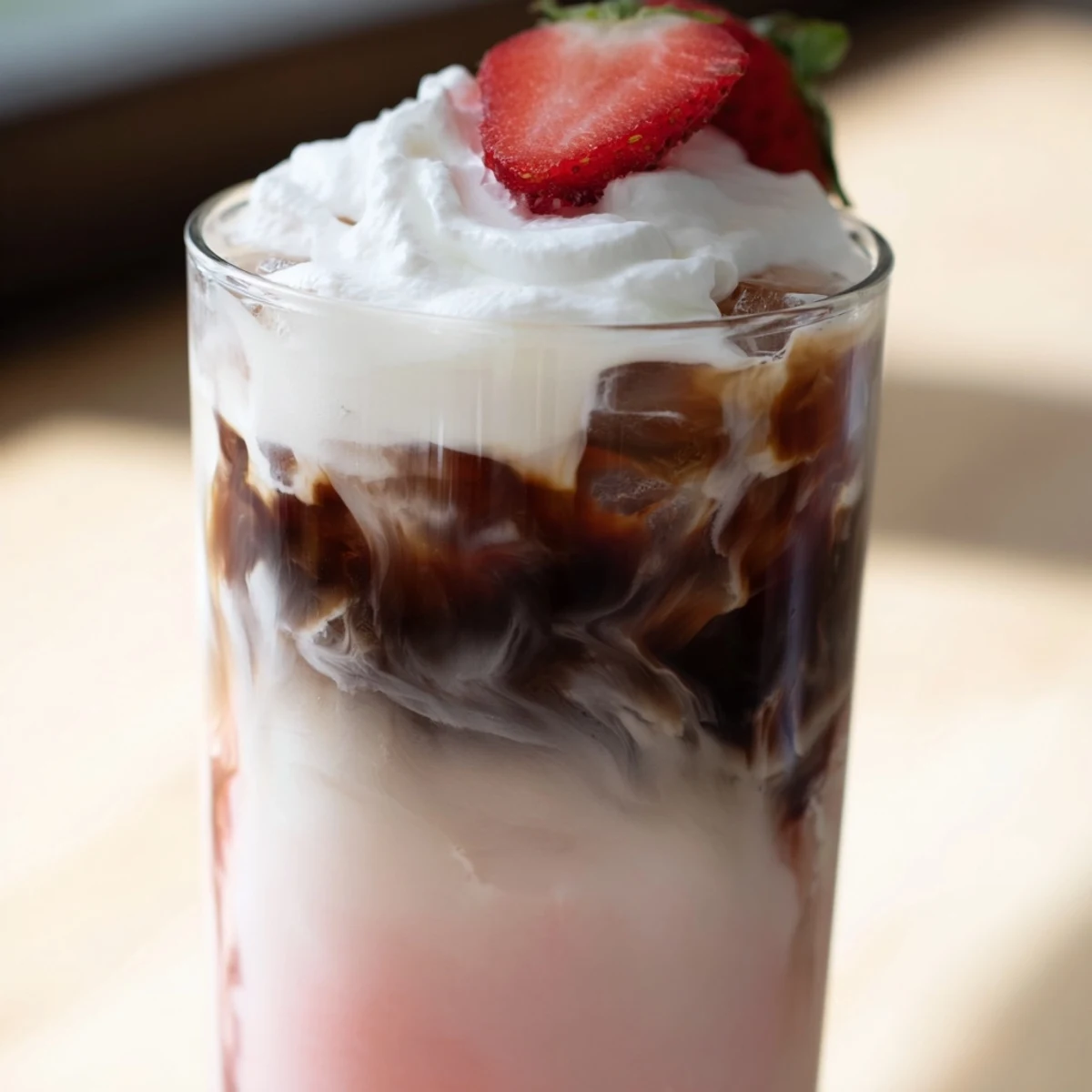 Iced strawberry cream cold latte topped with fluffy whipped cream and berry garnish