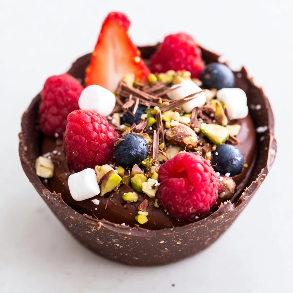 Decadent chocolate grazing cups topped with fresh berries, nuts, and chocolate curls on elegant dessert display