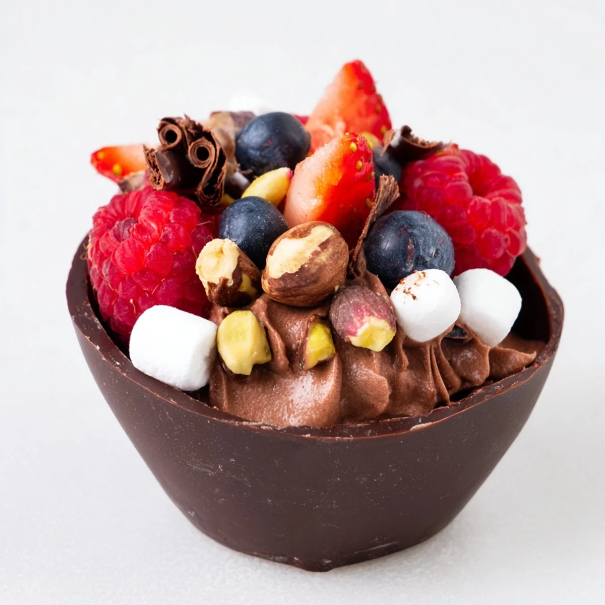 Rich chocolate mousse-filled cups garnished with colorful mixed berries and crunchy toppings for indulgent entertaining