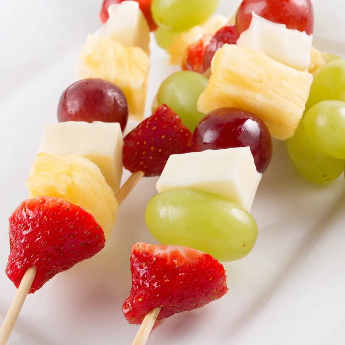 Fruit and cheese kabobs arranged on a platter with colorful grapes, strawberries, pineapple, and cheddar cubes