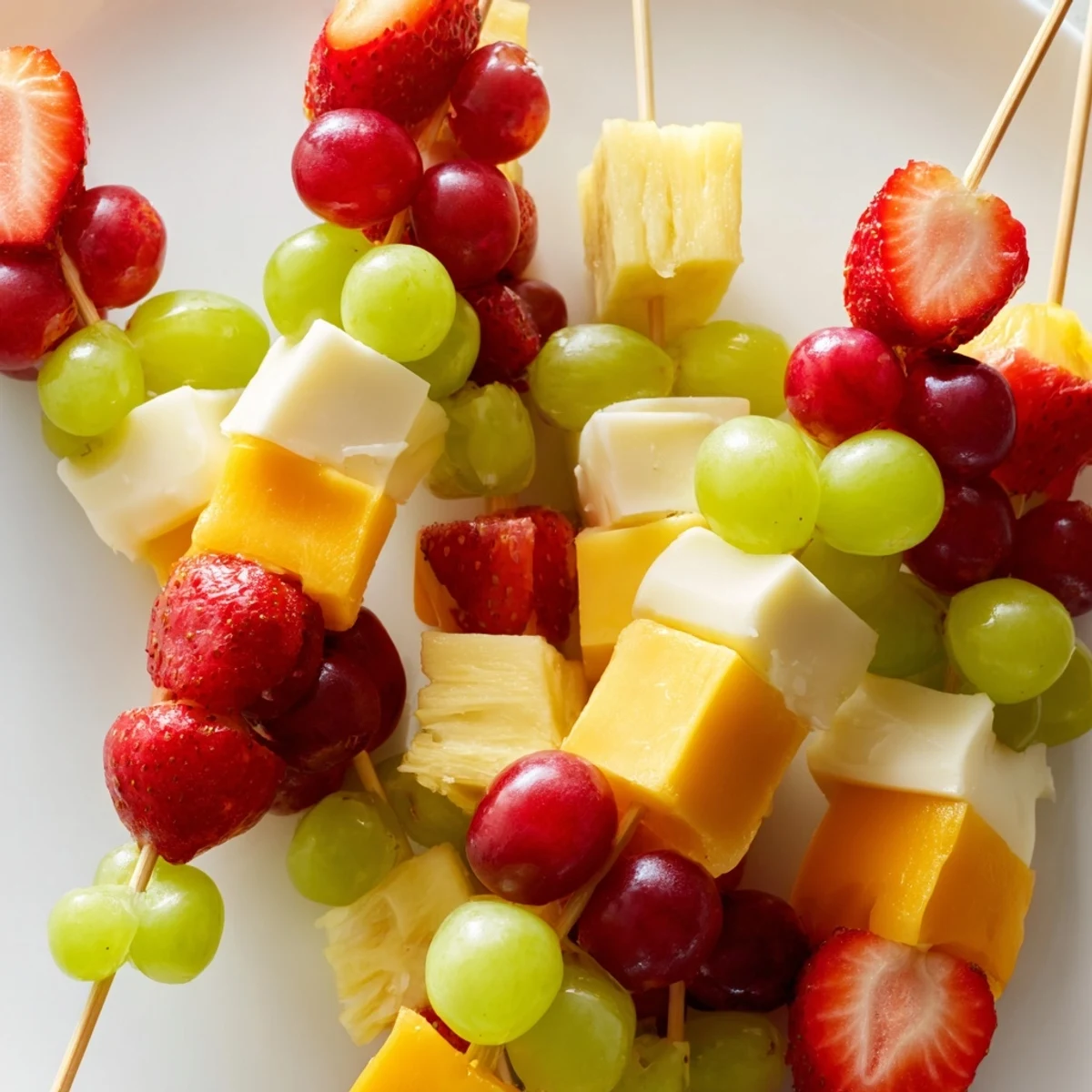 Fresh fruit and cheese kabobs featuring alternating cubes of Monterey Jack, cheddar, and ripe seasonal fruits