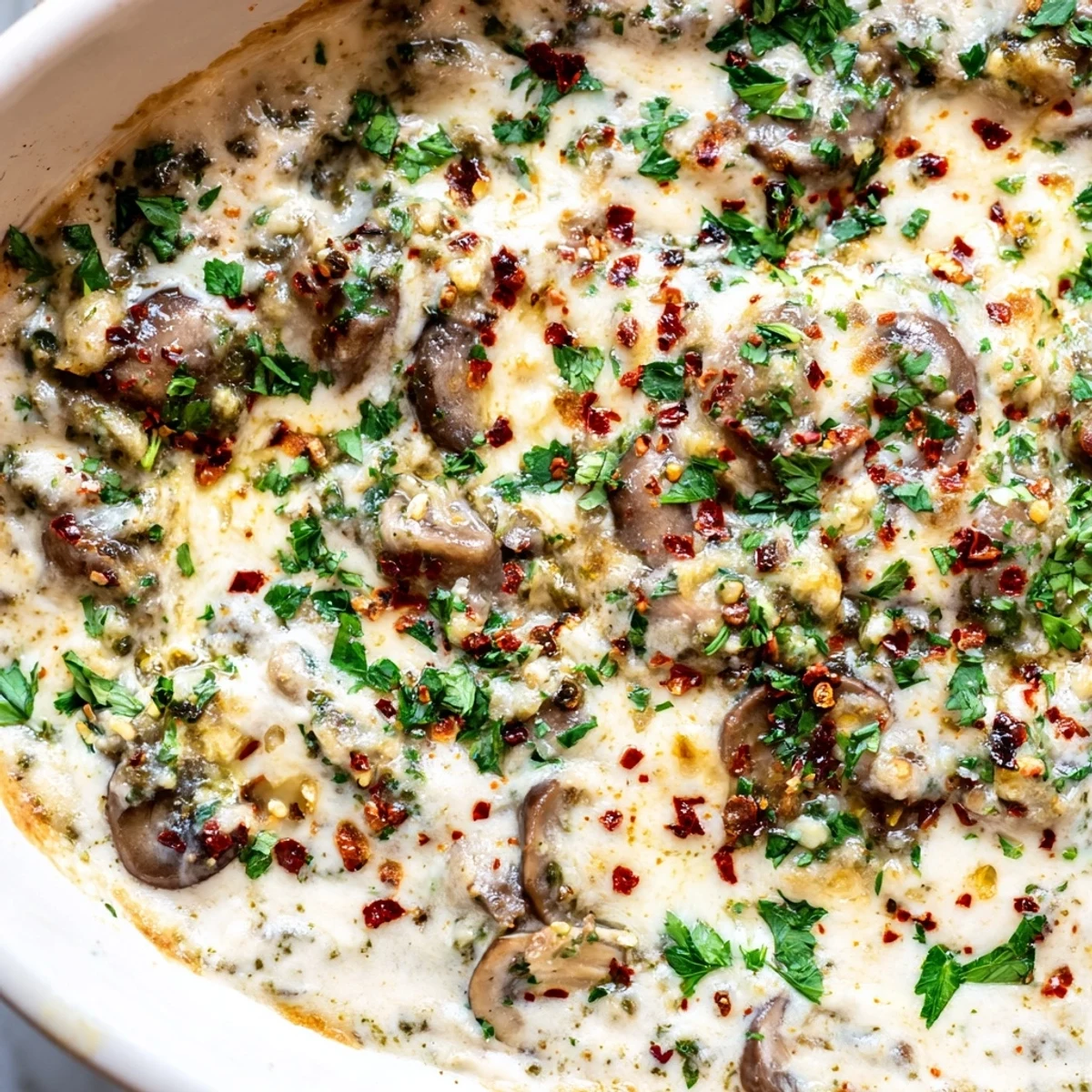 Creamy stuffed mushroom dip bubbling with melted cheese in a golden ovenproof skillet