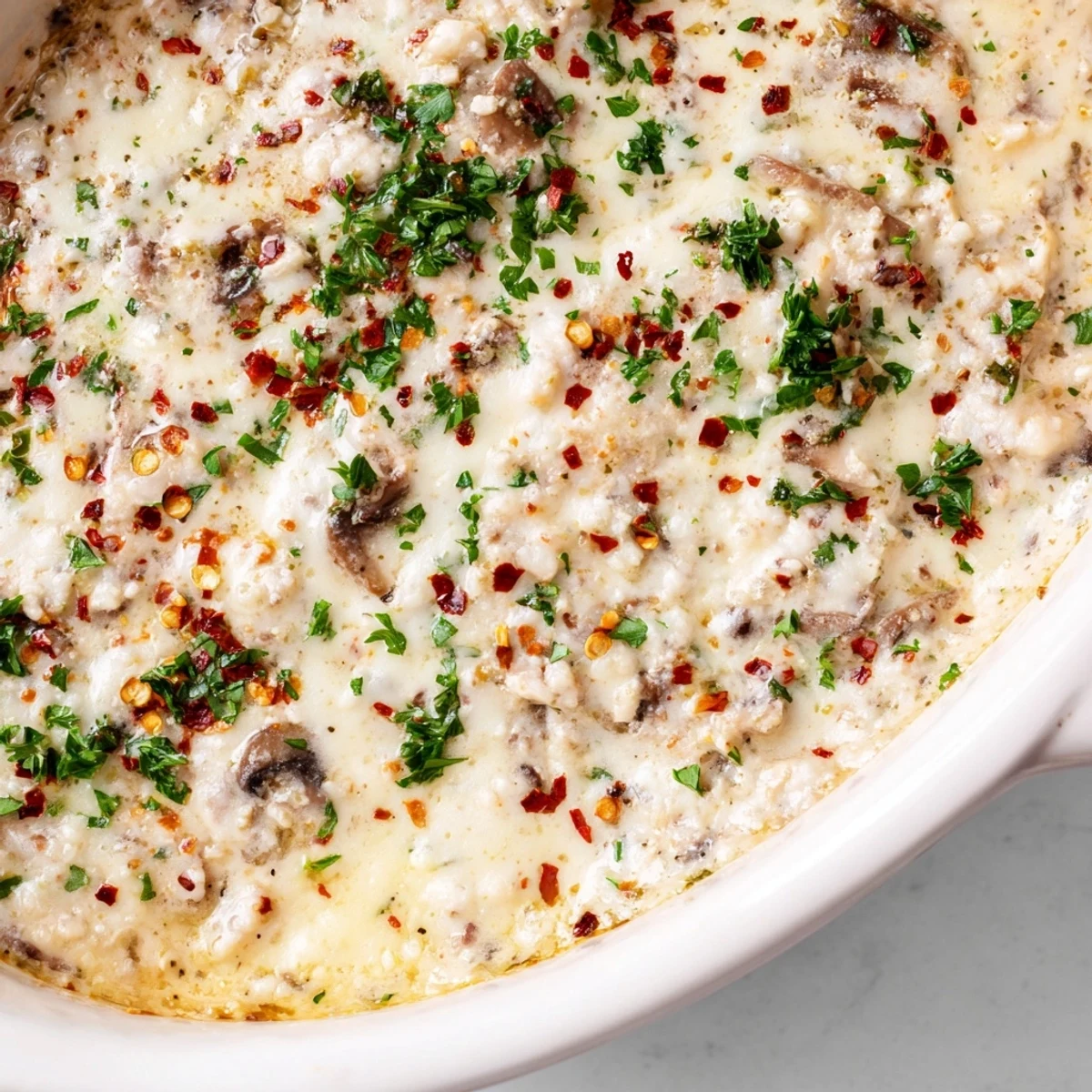 Warm stuffed mushroom dip topped with fresh parsley served alongside crispy baguette slices