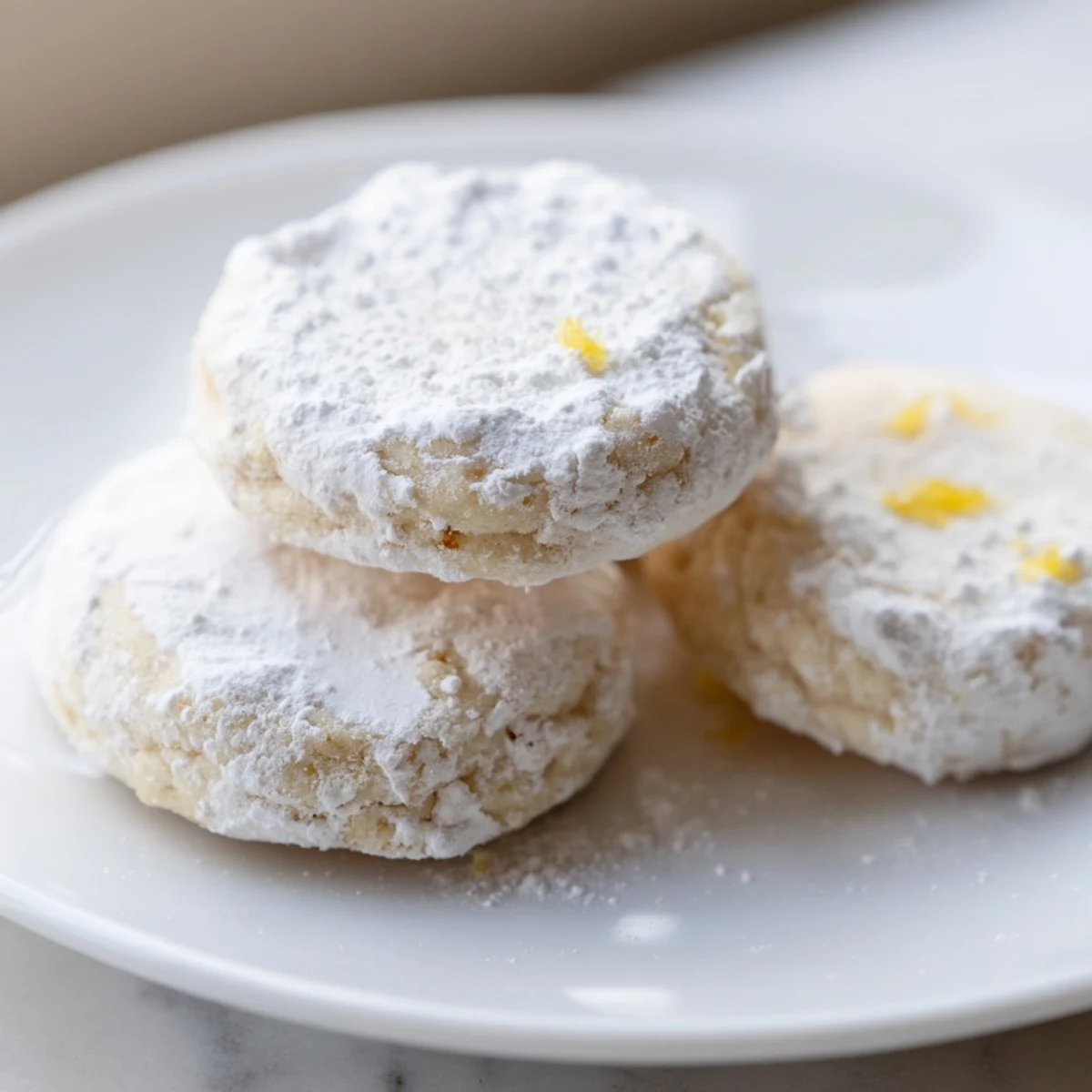 Powdered sugar coated Lemon Meltaways arranged on rustic wooden board with citrus wedges