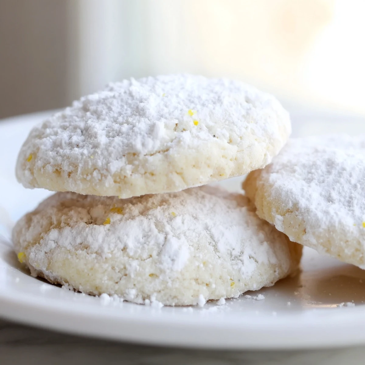 Golden Lemon Meltaways dusted with white powdered sugar beside steaming teacup