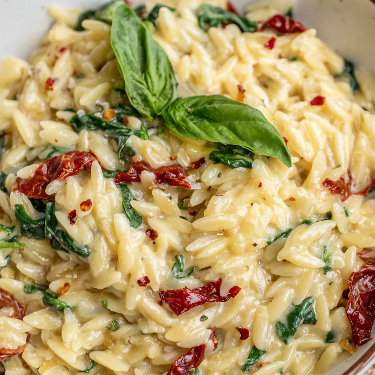 Creamy Tuscan orzo in a skillet with wilted spinach and sun-dried tomatoes throughout