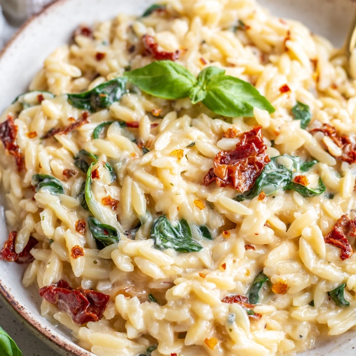 Steaming bowl of Creamy Tuscan orzo topped with fresh basil and grated Parmesan