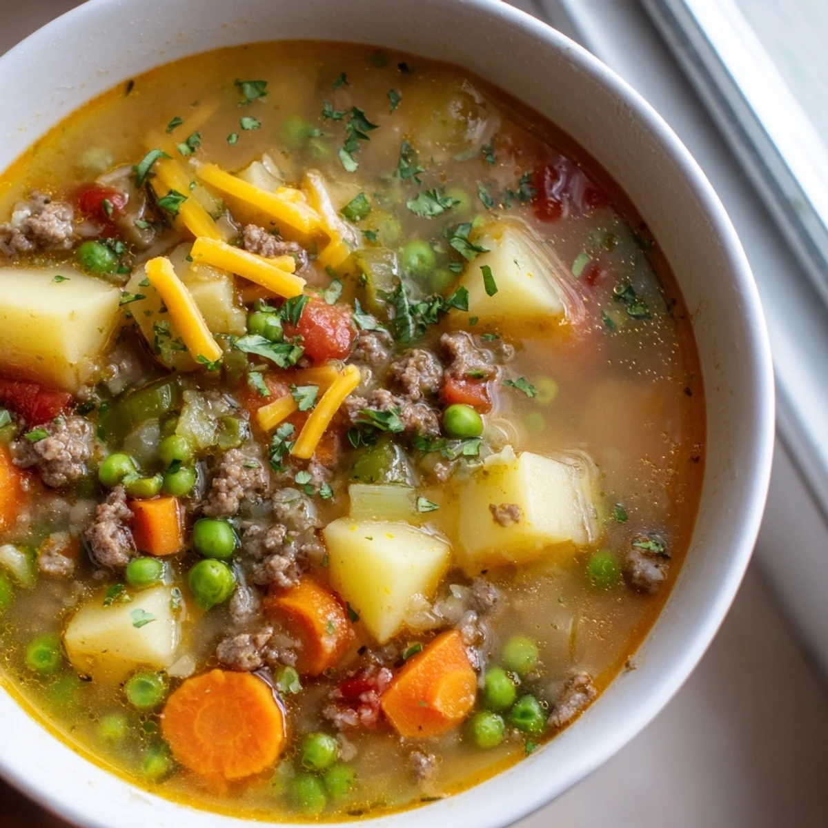 Steaming bowl of ground beef and potato soup garnished with fresh parsley and cheddar