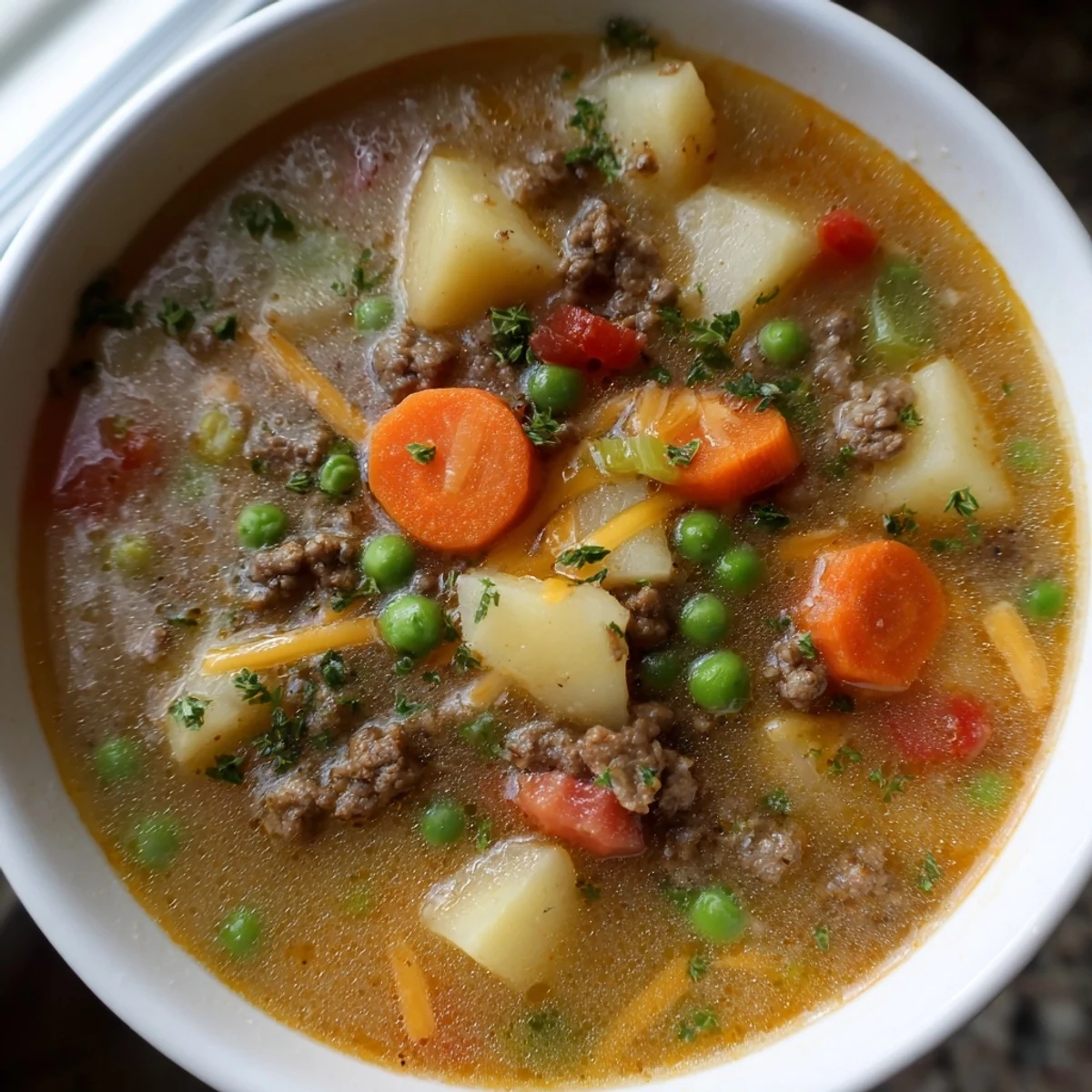 Hearty ground beef and potato soup loaded with tender vegetables in a rustic bowl