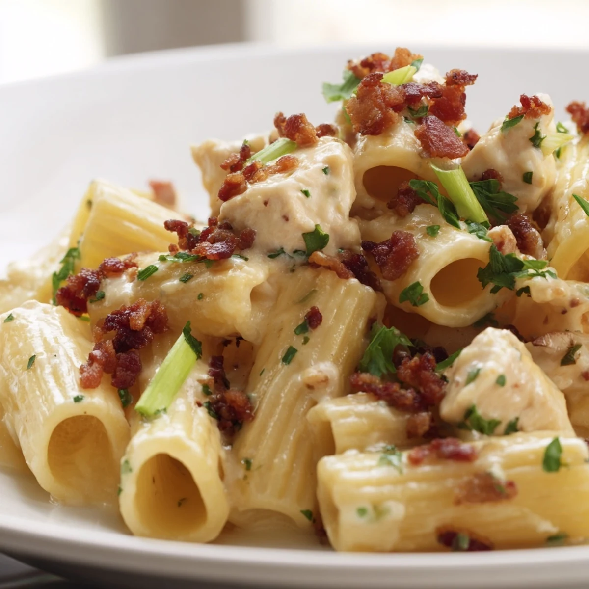 Creamy Crack Chicken Pasta topped with crispy beef bacon and fresh herbs