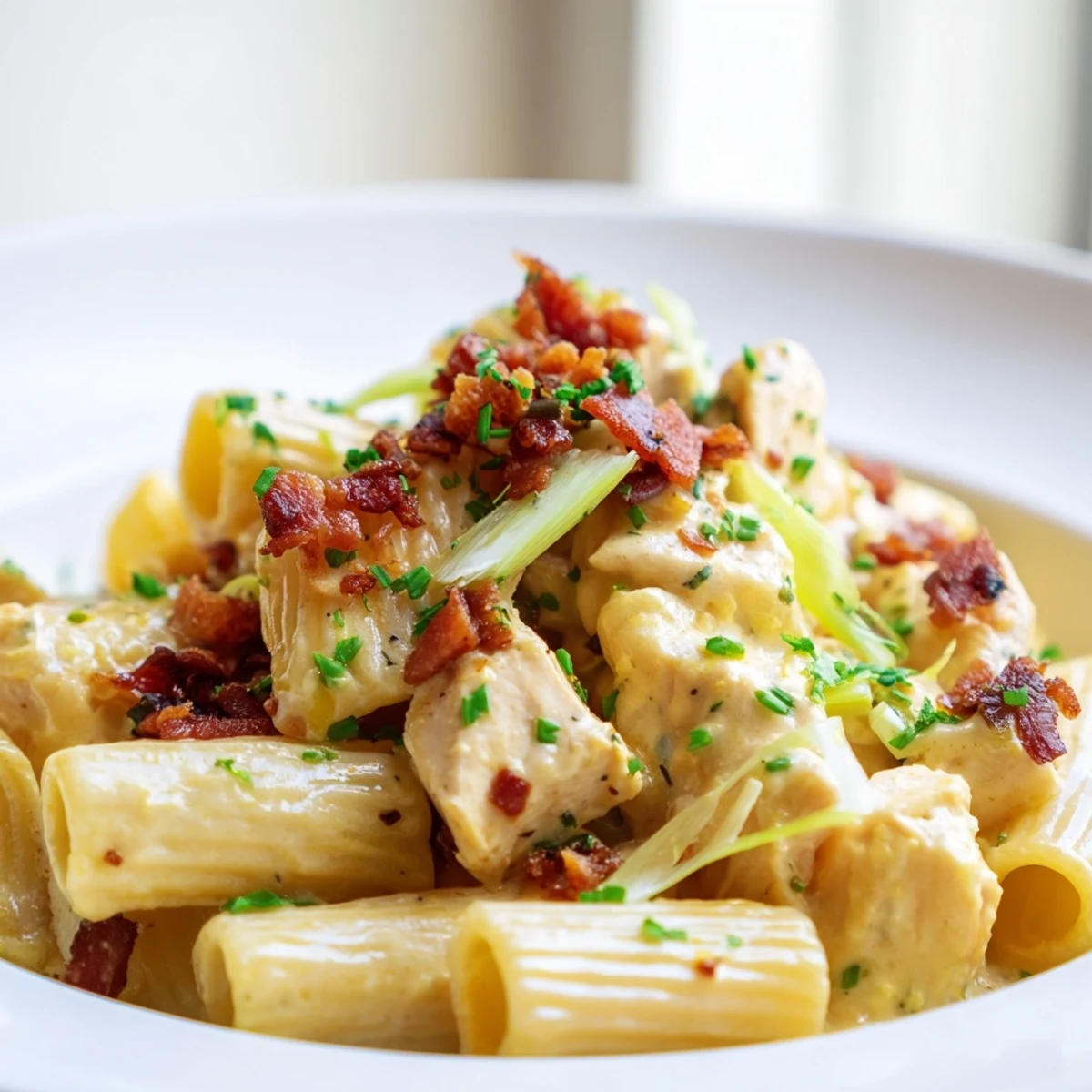 Golden tender chicken coated in rich cheese sauce with crispy bacon bits