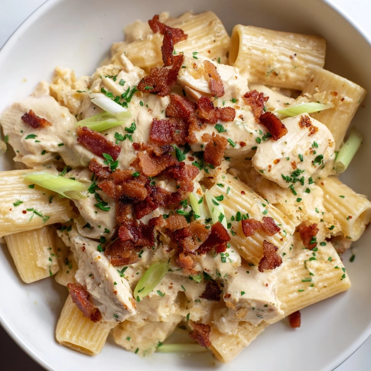 Steaming bowl of Creamy Crack Chicken Pasta garnished with chives and parsley