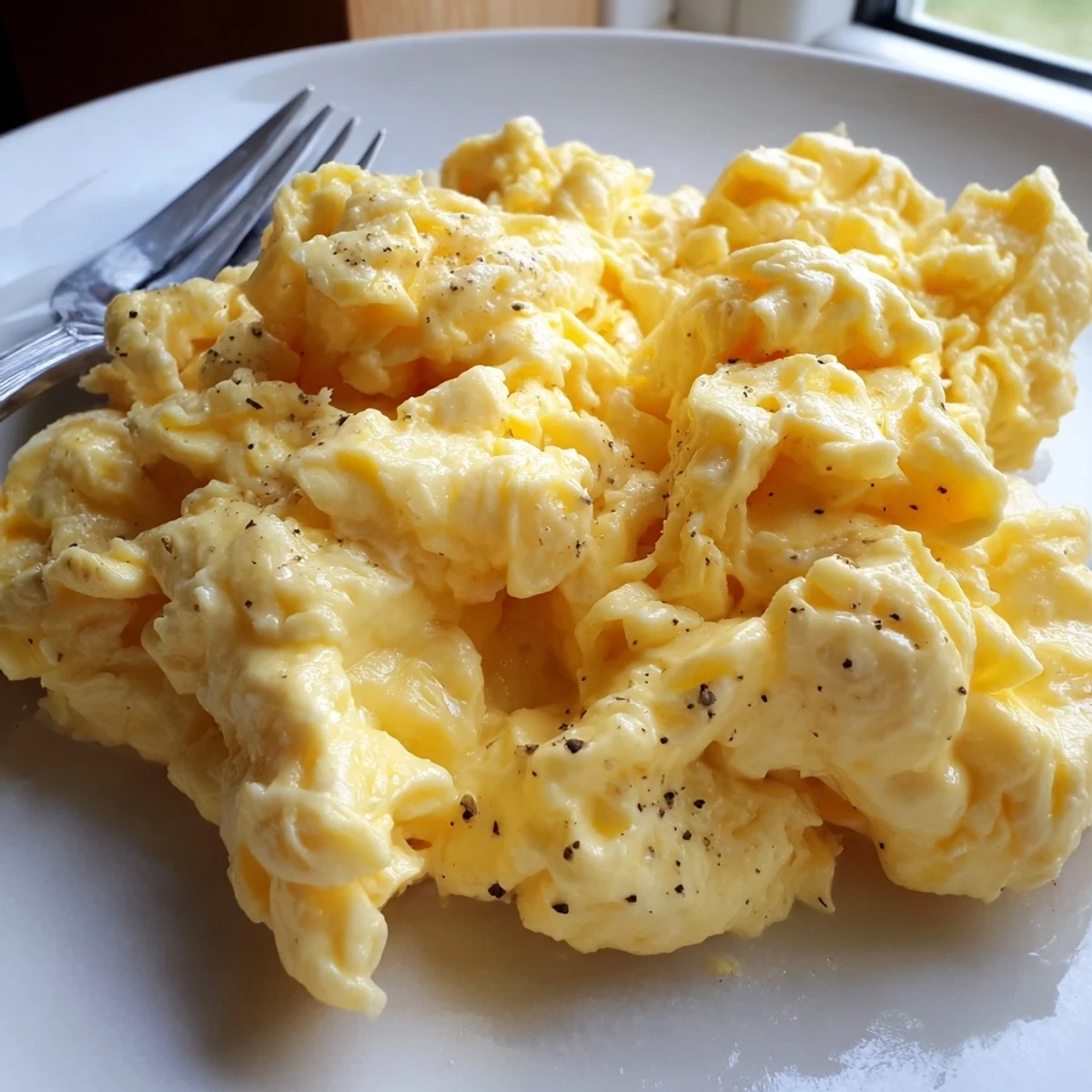 Creamy scrambled eggs piled on a plate with golden buttery curds steaming softly