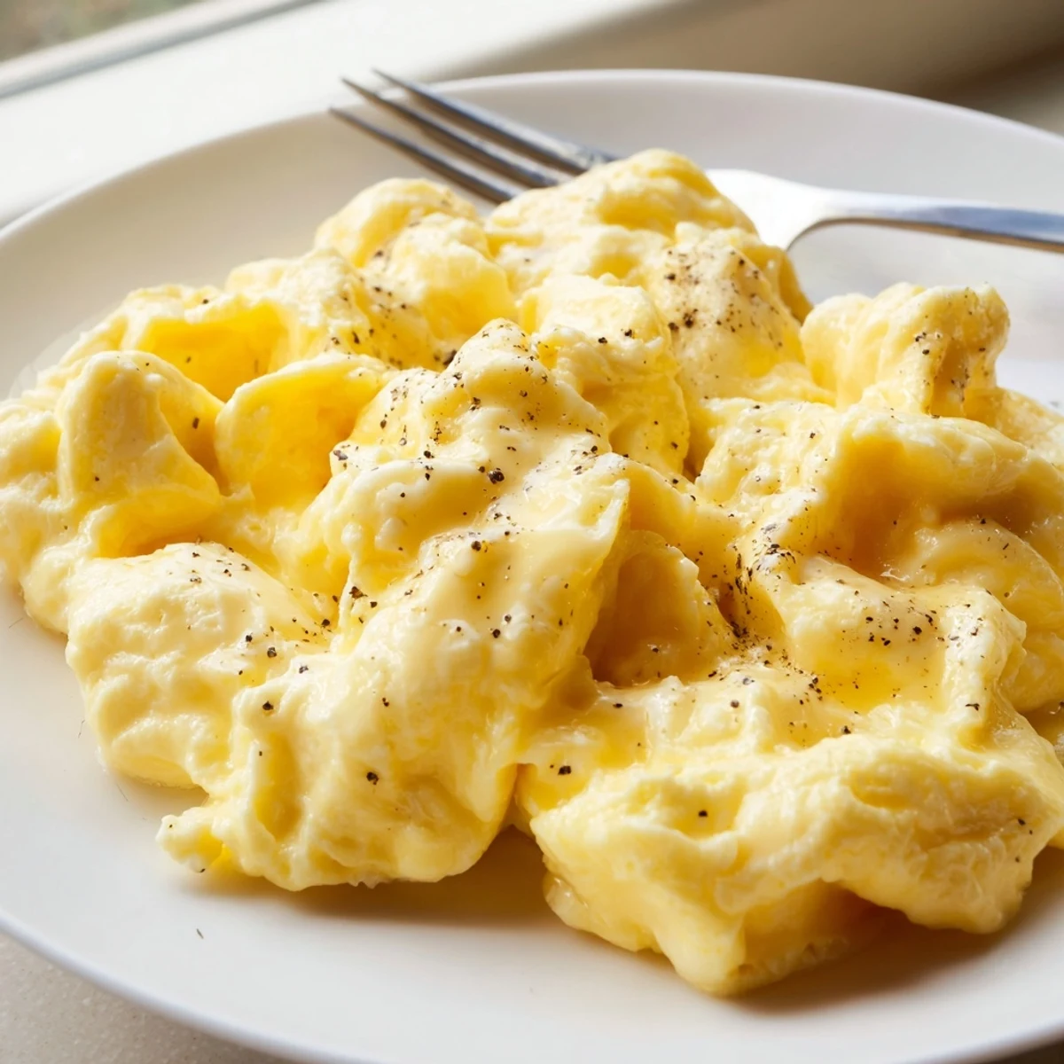Fluffy scrambled eggs served alongside toasted bread with a sprinkle of black pepper