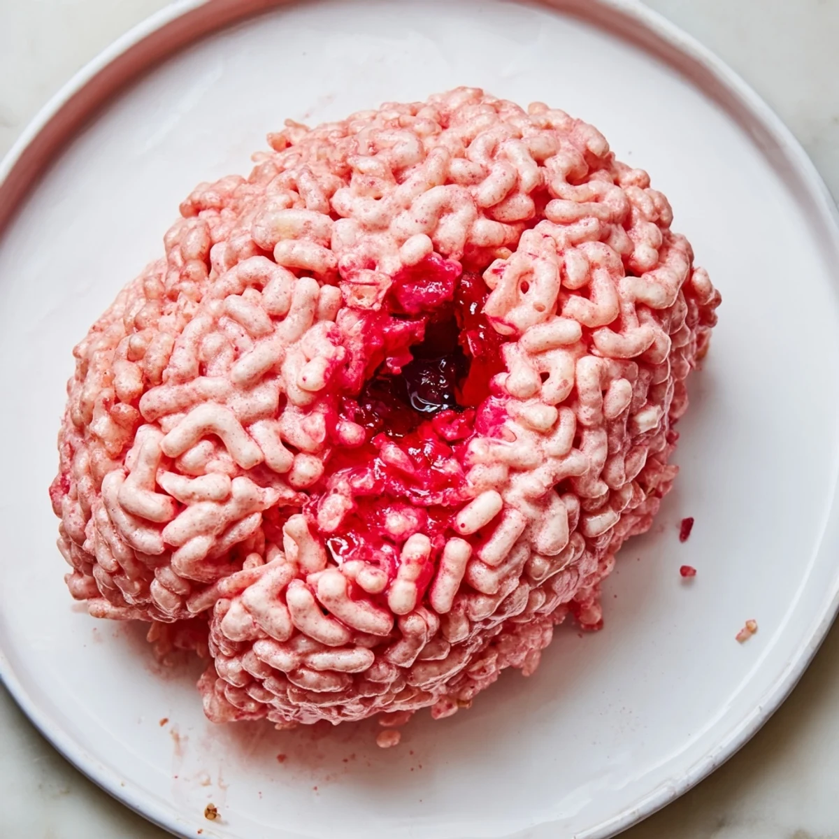 Pink marshmallow crispy cereal shaped into a creepy brain sliced open revealing gooey raspberry jam