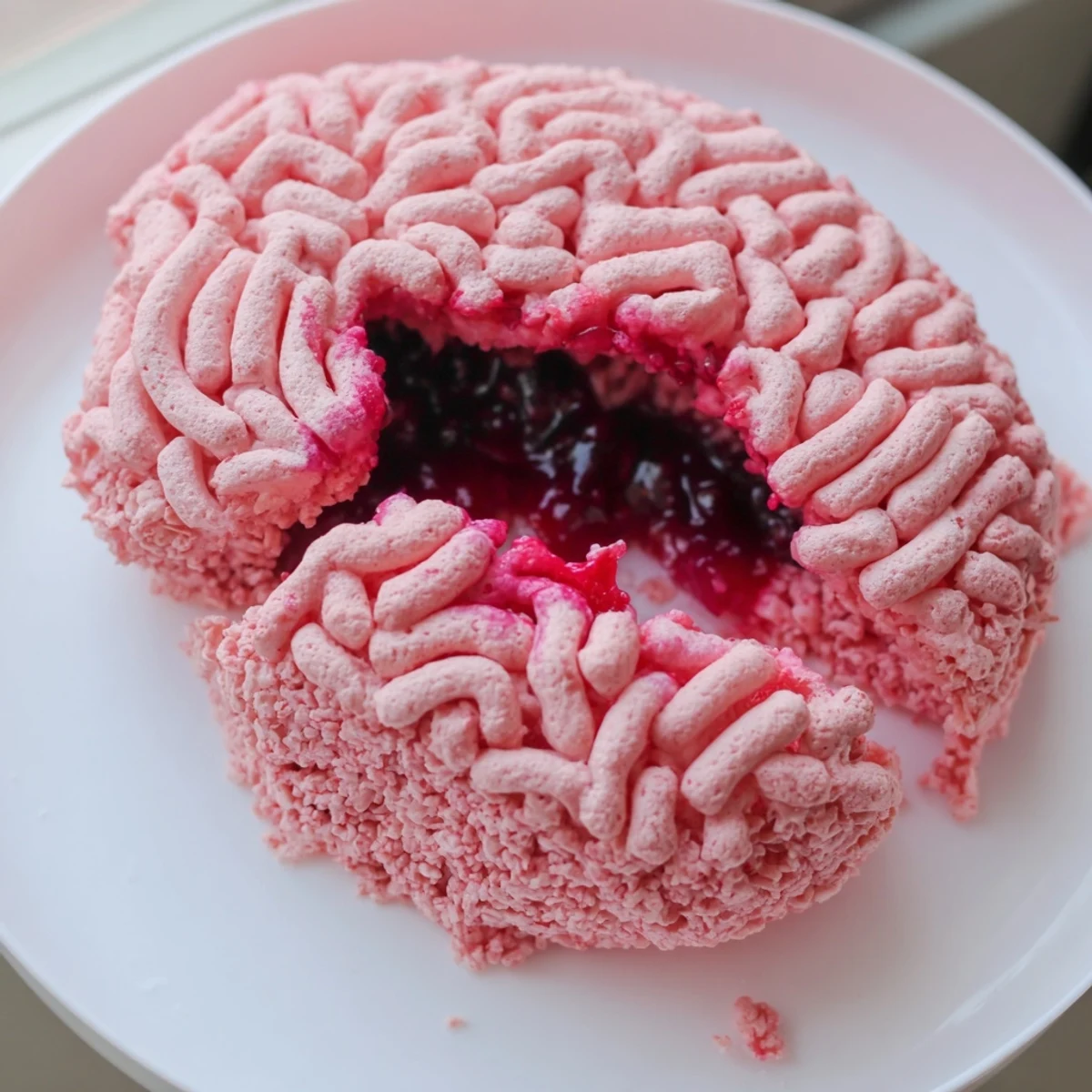 Crispy rice cereal brain oozing with bright red berry filling on a spooky party platter