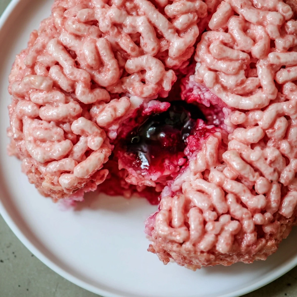 Spooky stuffed crispy rice cereal brain with candy eyes sitting on a dark Halloween dessert table