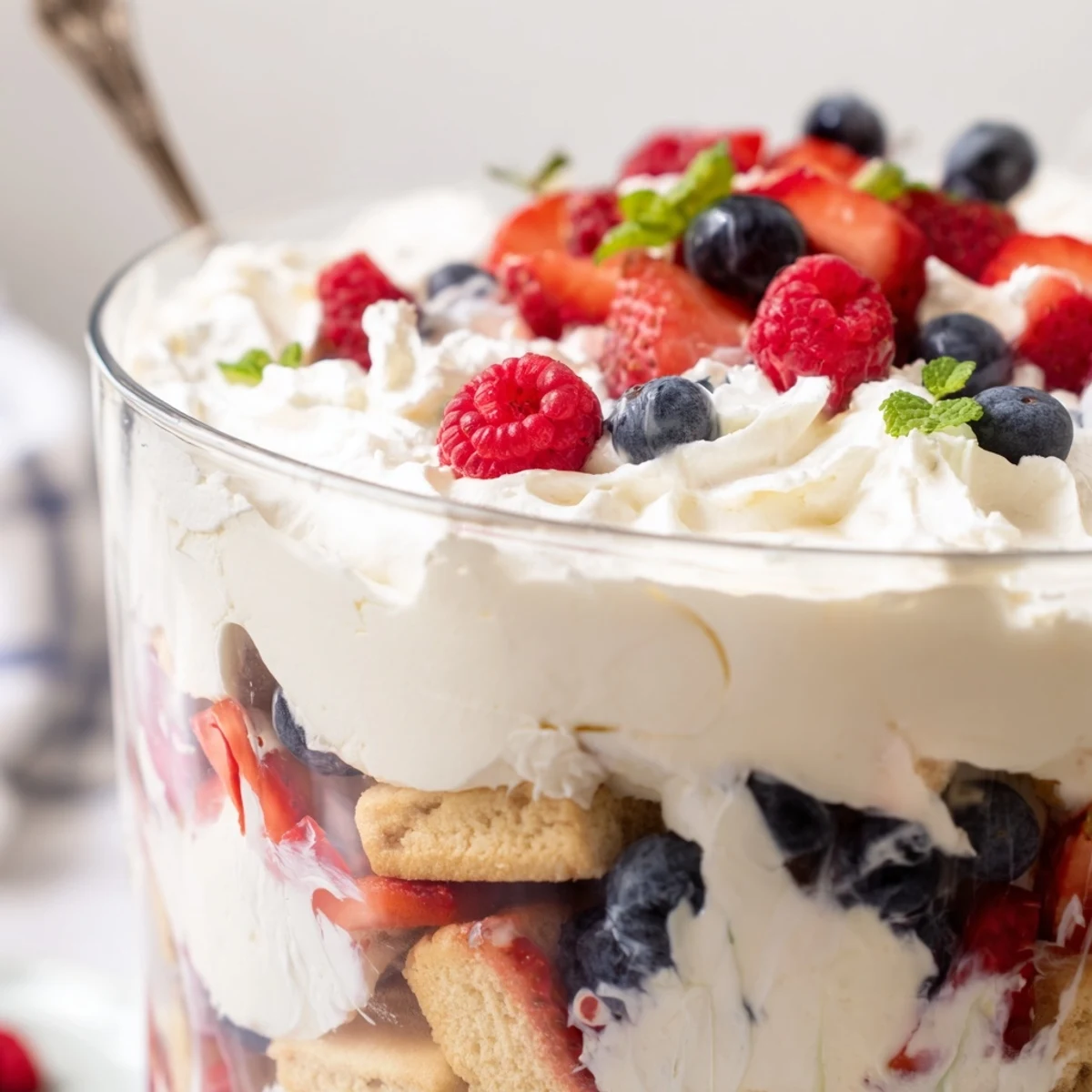 Red White Blue Mixed Berry Yum Yum layered in a glass trifle bowl with fresh strawberries and whipped cream