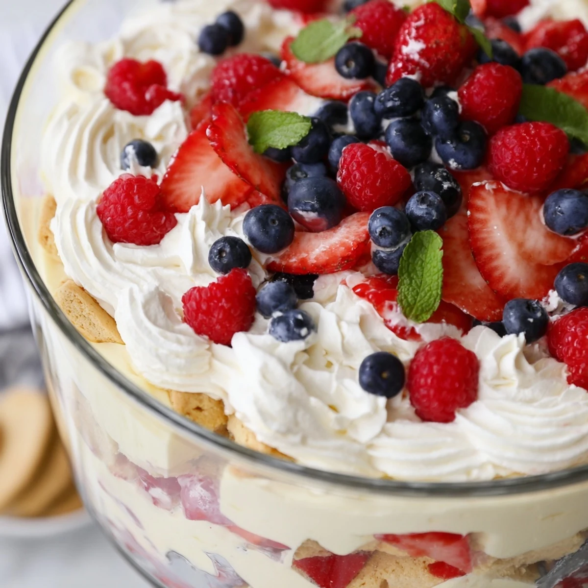 Red White Blue Mixed Berry Yum Yum served in individual cups with blueberries and cool whipped topping