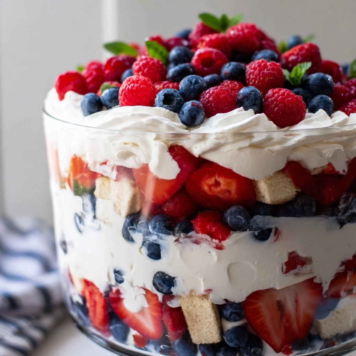 Creamy Red White Blue Mixed Berry Yum Yum dessert topped with juicy raspberries and crushed shortbread