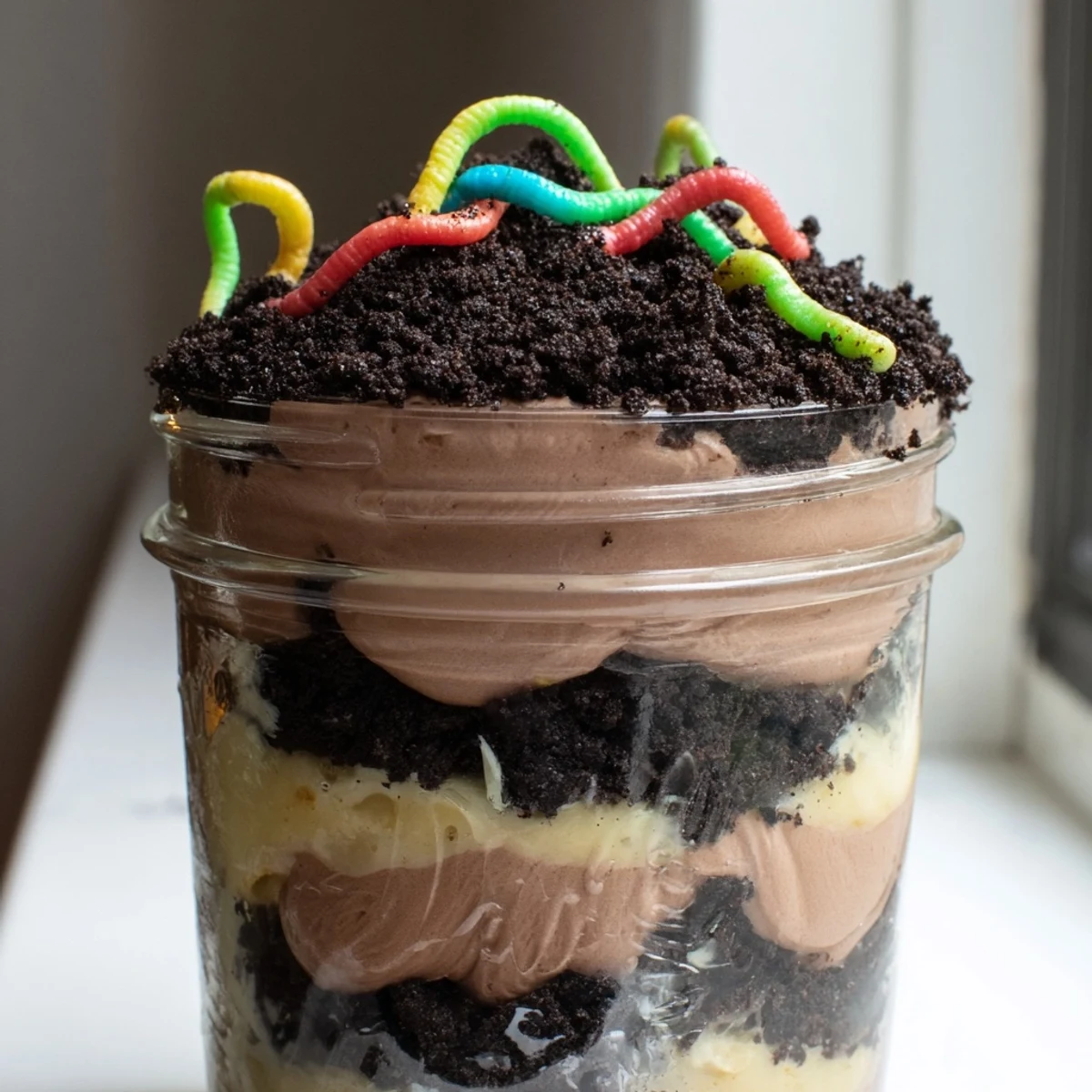 Creamy dirt pudding cups layered with chocolate pudding and cookie crumbs topped with gummy worms