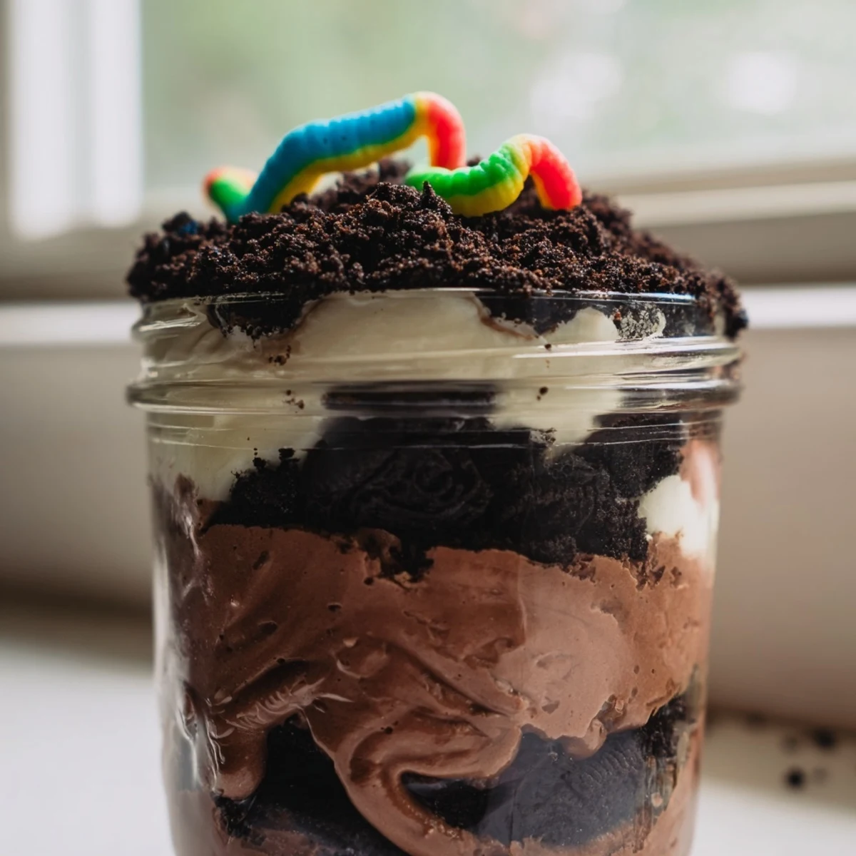 Chocolate dirt pudding dessert in glass jars with crushed Oreo topping and colorful gummy worms
