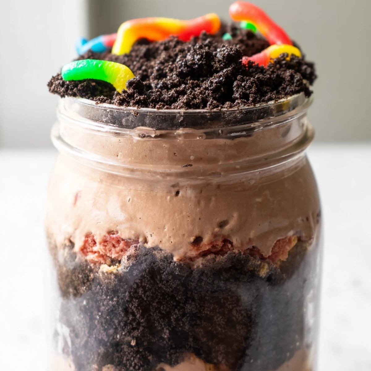 Whimsical dirt pudding featuring rich chocolate layers and cookie dust with playful candy worms peeking out