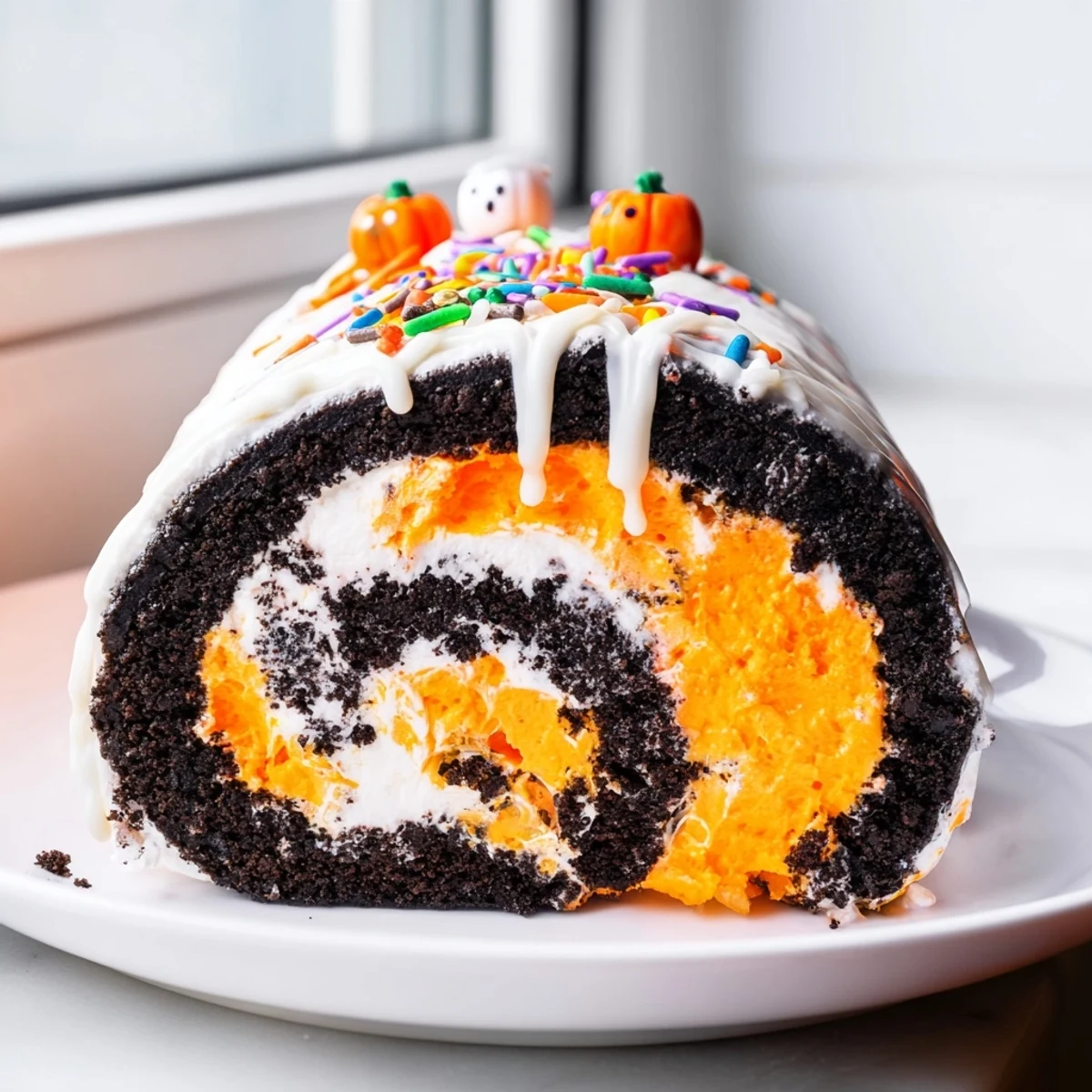 Spooky Halloween Oreo Roll sliced and topped with candy eyes and chocolate drizzle