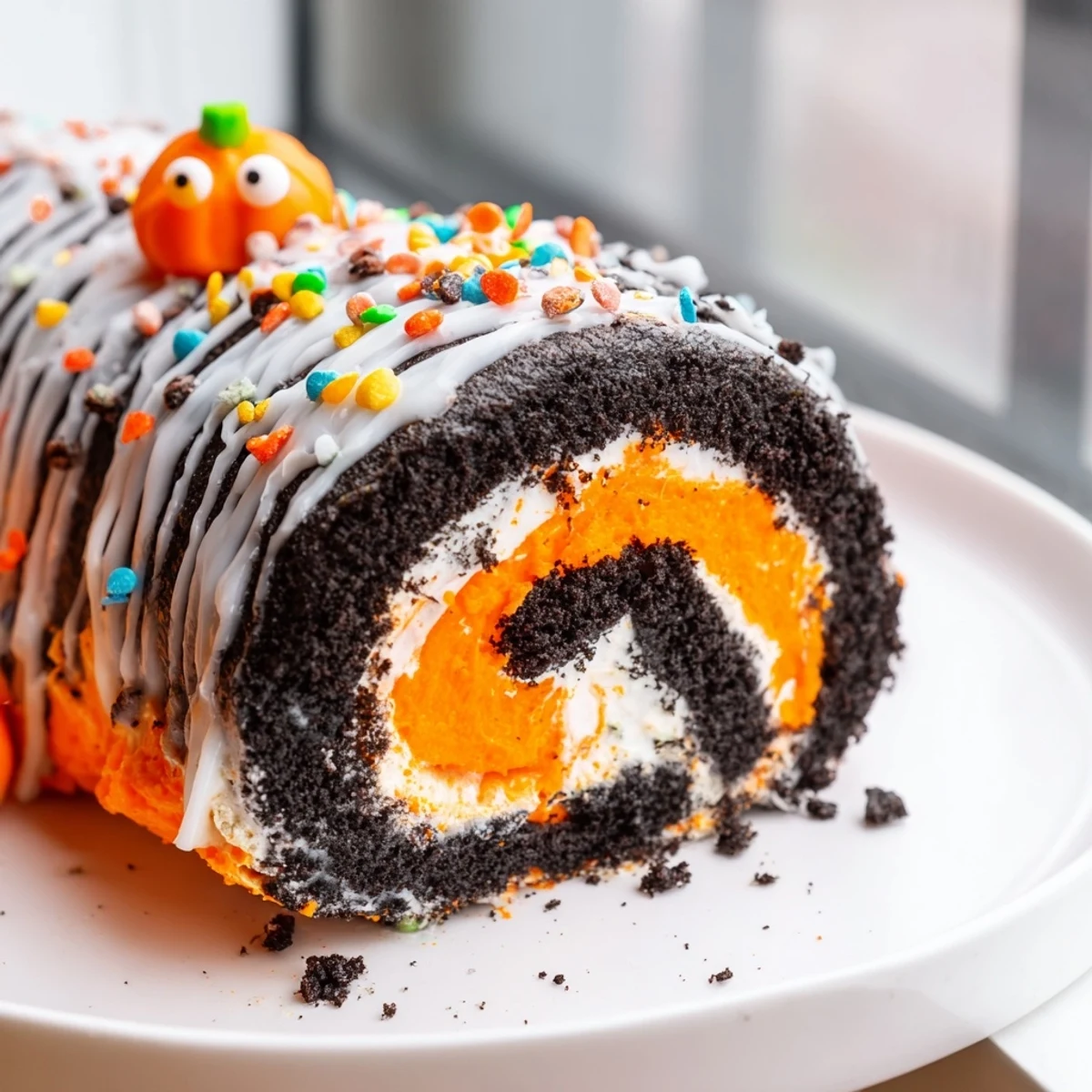 No bake Halloween Oreo Roll with orange whipped cream filling and festive sprinkles