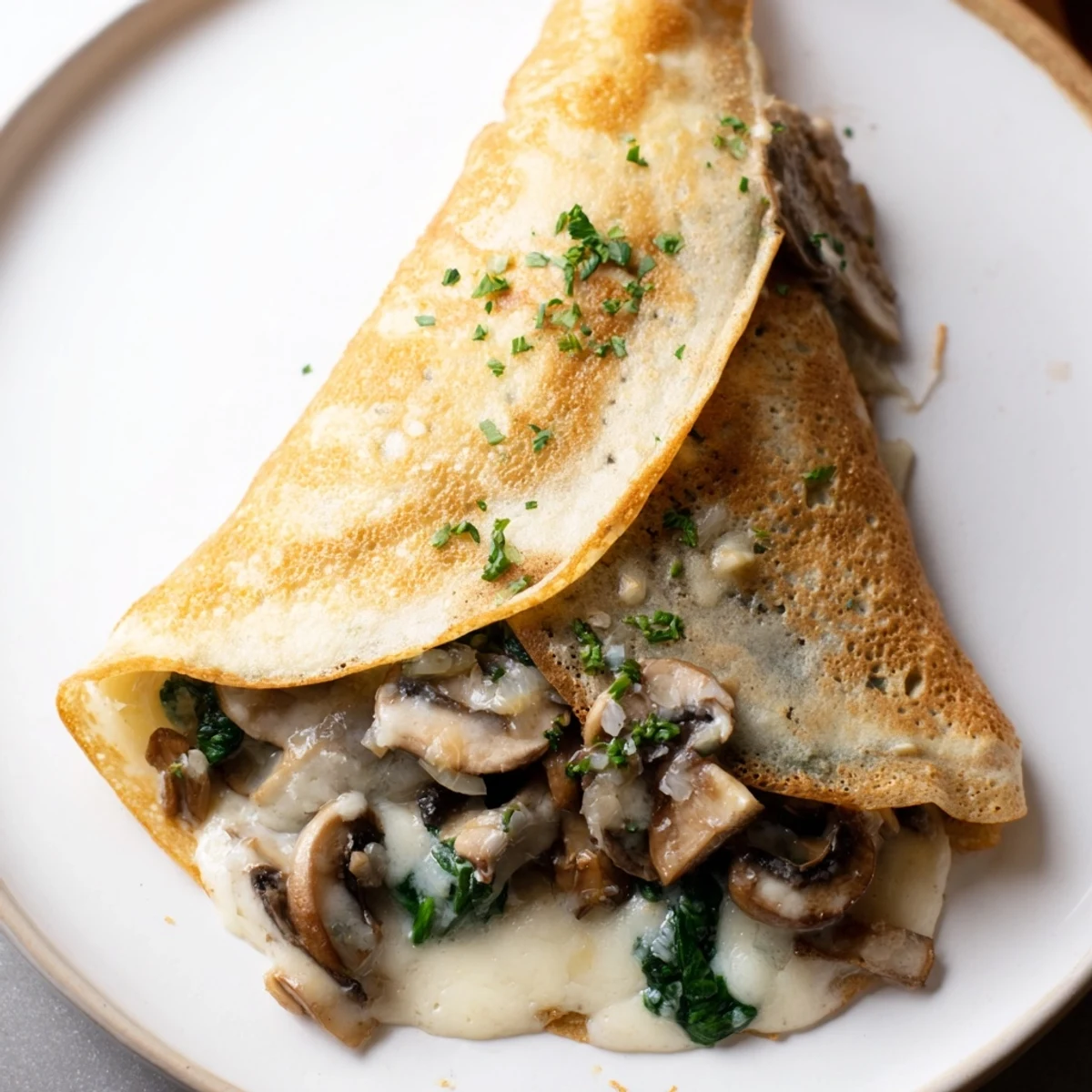 Golden savory crepes filled with sautéed spinach and mushrooms on a white plate