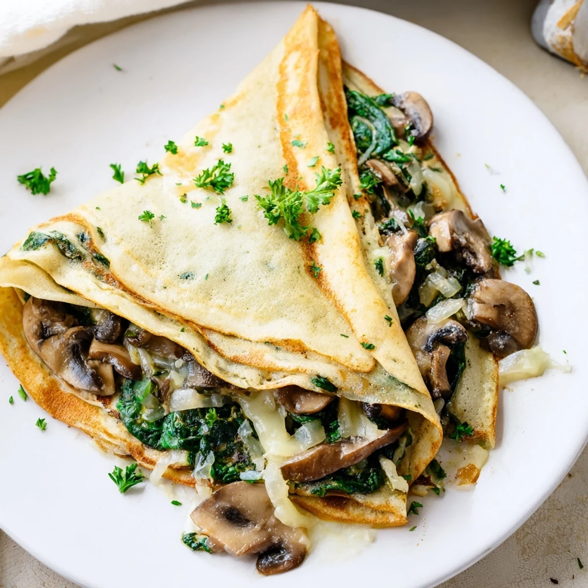 Thin French savory crepes rolled with melted Gruyère cheese and fresh herbs