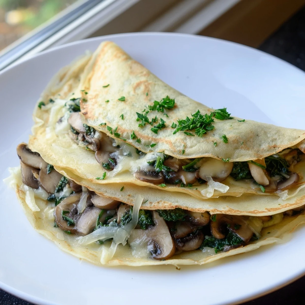 Savory crepes folded around a warm spinach and mushroom filling ready to serve