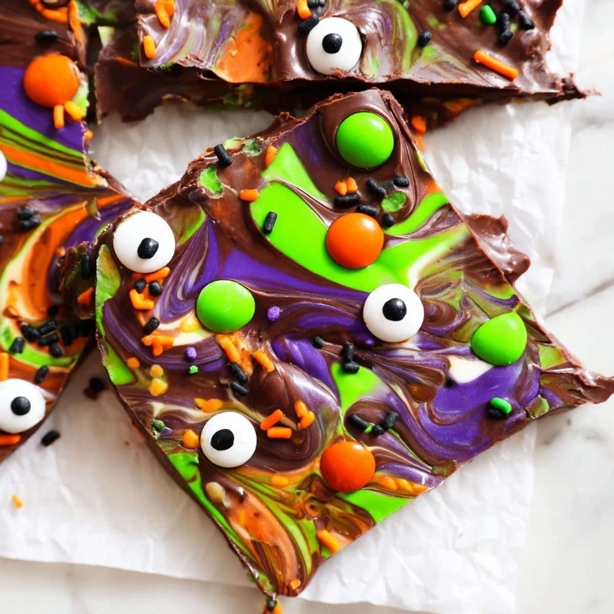 Melting Witches Bark with swirled chocolates, candy eyes, and spooky Halloween sprinkles