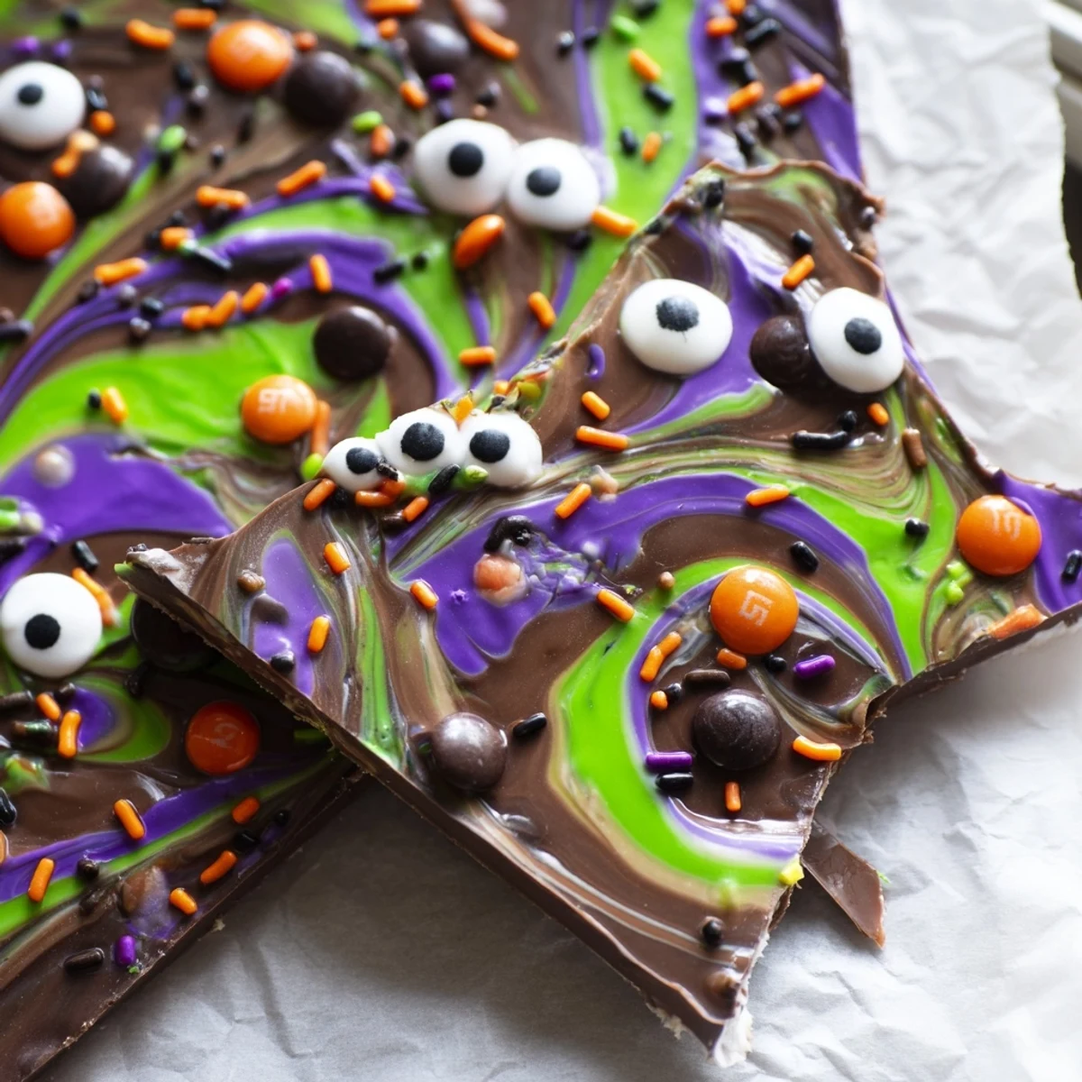 Colorful Melting Witches Bark broken into rich, marbled pieces topped with candy